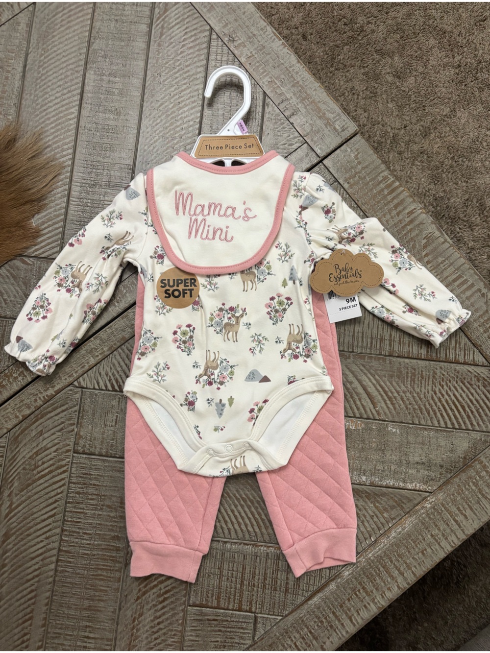 Essentials Floral Deer Bodysuit, Bib & Quilted Pants Set - Pink and Cream